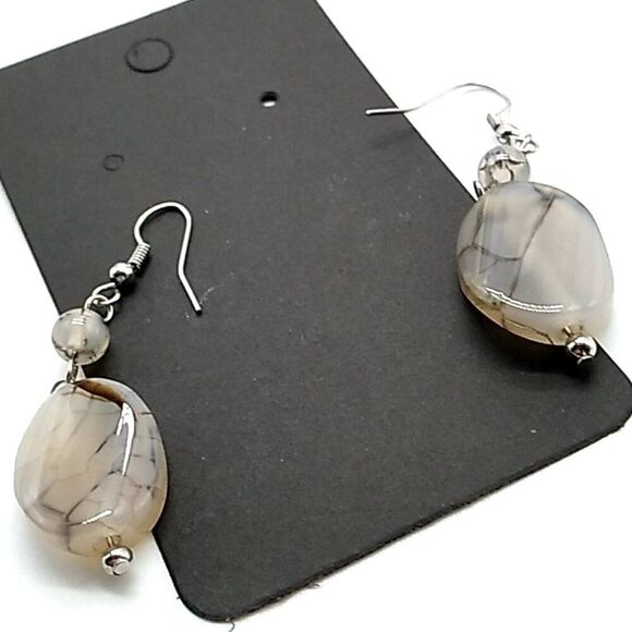 Marbled Acrylic Beaded Dangle Earrings on Silver-tone Coiled Fishhook Wire - Picture 4 of 8